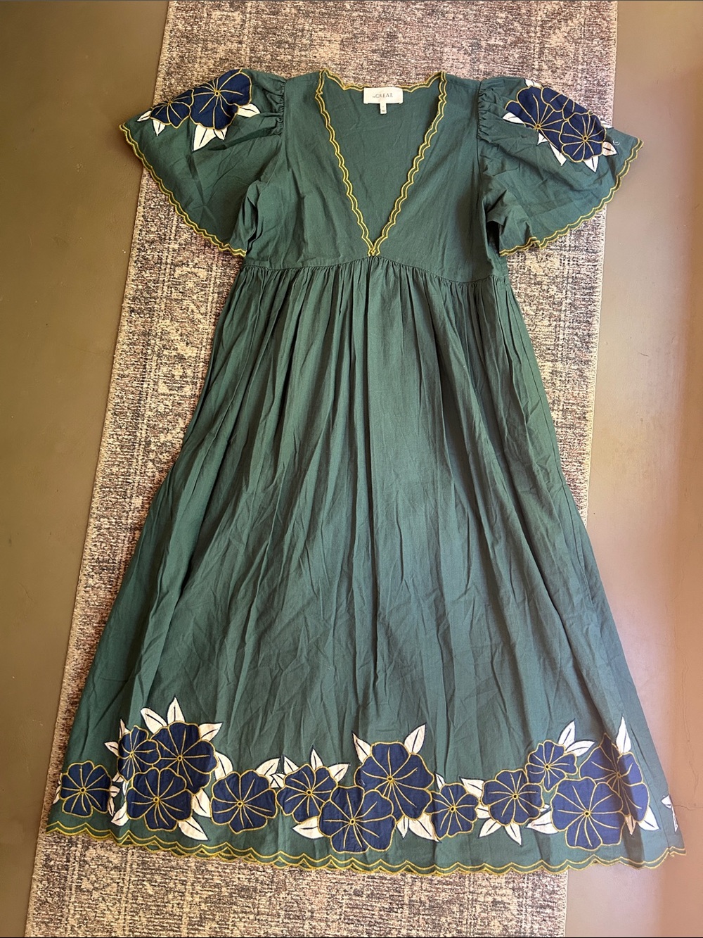 The Great Midi Dress Palm Leaf Floral 2 M Cotton Hawaiian Green Short Sleeve - Picture 1 of 9